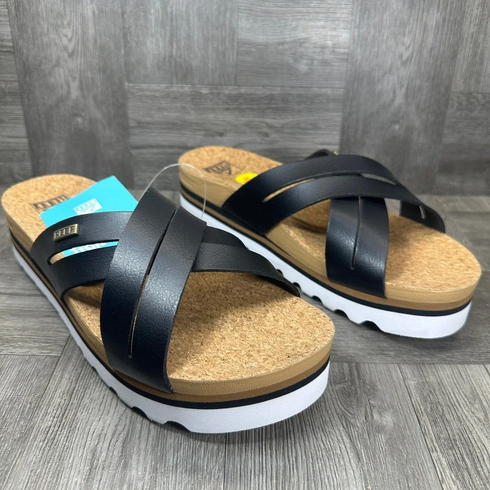 Reef Vista Hi Sandals Women 10 Black Platform Vegan Leather Cork Slide NEW